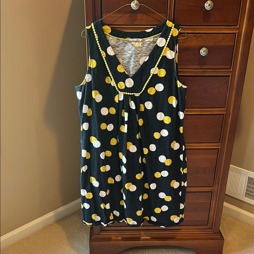 Boden Navy blue w/ Yellow and white Polka Dot Dress, sz large, v-neck sleeveless